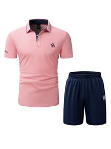 Manfinity Homme Set da 2 pezzi composto da polo a maniche corte e pantaloncini casual stile cavaliere per uomo (taglia errata), polo da uomo, completi estivi casual da uomo