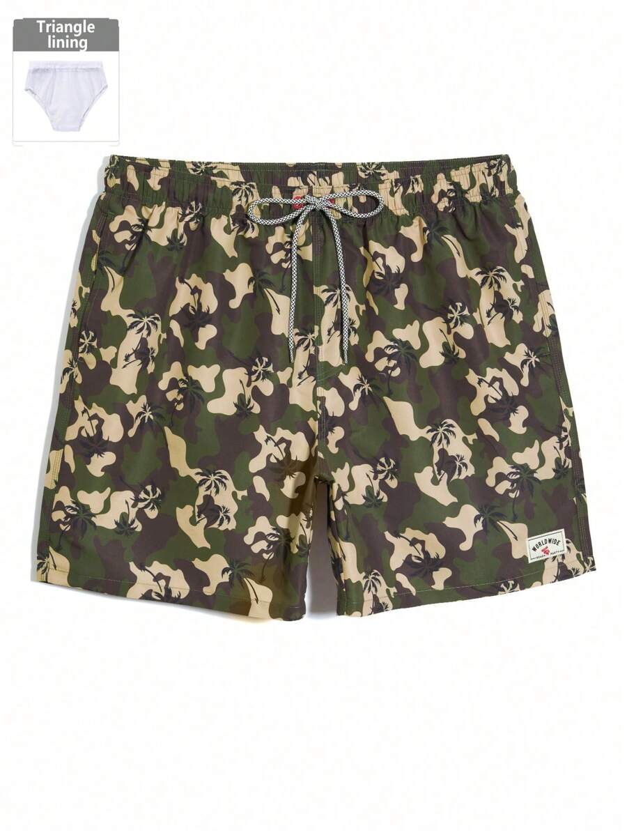 Surfspeed Men's Front Lace-Up Pockets All-Over Print Casual Beach Shorts - Army Green - View 1