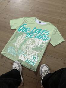 Manfinity EMRG Camiseta casual de manga corta con cuello redondo, estampado de calavera y eslogan, versátil para hombres