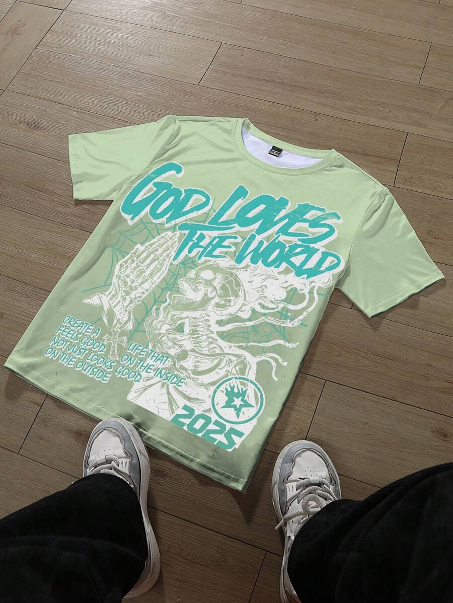 Manfinity EMRG Camiseta casual de manga corta con cuello redondo, estampado de calavera y eslogan, versátil para hombres