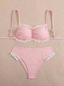 Swim Mod 大码时尚格子印花荷叶边比基尼套装，可爱女士夏季泳装 - 粉色 - 查看 4