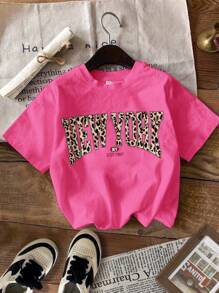 SHEIN Tween Girls' Casual Simple Round Neck Short Sleeve T-Shirt, Suitable For Spring/Summer