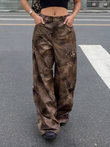 SHEIN EZwear Summer Concert Women Western Music Festival Graphic Loose Wide Leg Pants