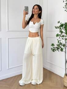 SHEIN EZwear Women's Summer Apricot Solid Bohemian Oversized Wide Leg Pants For Vacation Wear And Music Festival Wear - Apricot - View 4