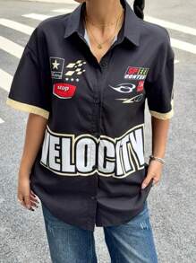 SHEIN Teen Girl Contrasting Color Letter Graphic Loose Fit Turn-Down Collar Short Sleeve Shirt