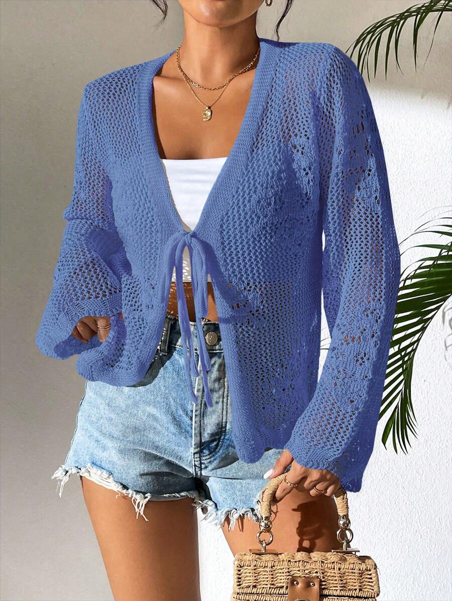 Breezaya Áo khoác cardigan dài tay màu trơn cho nữ, tối giản và thời trang, phù hợp cho mùa hè - Màu xanh lam - Xem 1