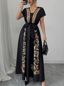 Rafferiza Elegant Shoulder-Tied Short Sleeve Fitted Waist Belt Woven Placement Print Black & Gold Dress For Women, Spring/Summer - Black and Gold - View 3