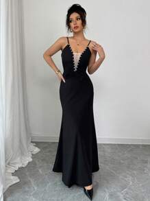 Elenzga Elegantes Damen Kleid mit Mesh Patchwork, künstlichen Perlen und Schleife am Taillenbund - Schwarz - Übersicht 5