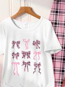 SHEIN Tween Girls 2pcs Pajama Set - Butterfly Print Front Panel Design T-Shirt, Pink Plaid Soft Casual Comfy Lounge Pants, Summer - Multicolor - View 3