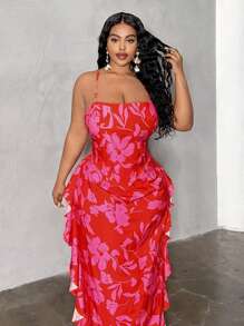 Maweii Top cu șireturi de dimensiuni plus mari și fustă midi cu volane cu tiv cu imprimeu floral Set 2 buc, îmbrăcăminte sexy pentru stațiune - Multicolor - Vizualizare 5