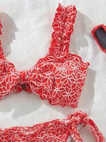 Swim Mod Jacquard Thick Strap Wireless Crop Top And Side Tie Swim Bottom, Cute Women 2 Pieces Swimwear Summer Beach Outfits - Red and White - View 8