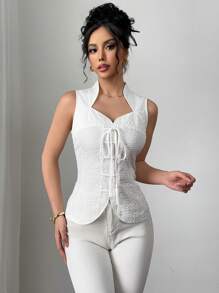 Elenzga Classic Solid Color Textured Mandarin Collar Cinched Waist Front Tied Camisole - White - View 3