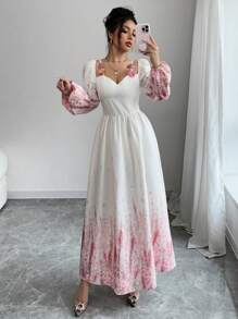 Modelyn 女式杏色提花长袖收腰碎花连衣裙 - 杏色 - 查看 1