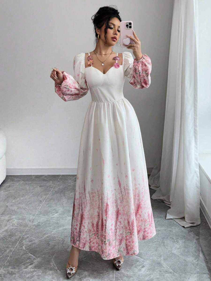Modelyn 女式杏色提花长袖收腰碎花连衣裙 - 杏色 - 查看 1