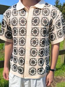 Manfinity CasualKnits 男士花卉图案单排扣休闲钩针镂空宽松针织上衣短袖男士夏季衣服男士衬衫套装 - 彩色 - 查看 1