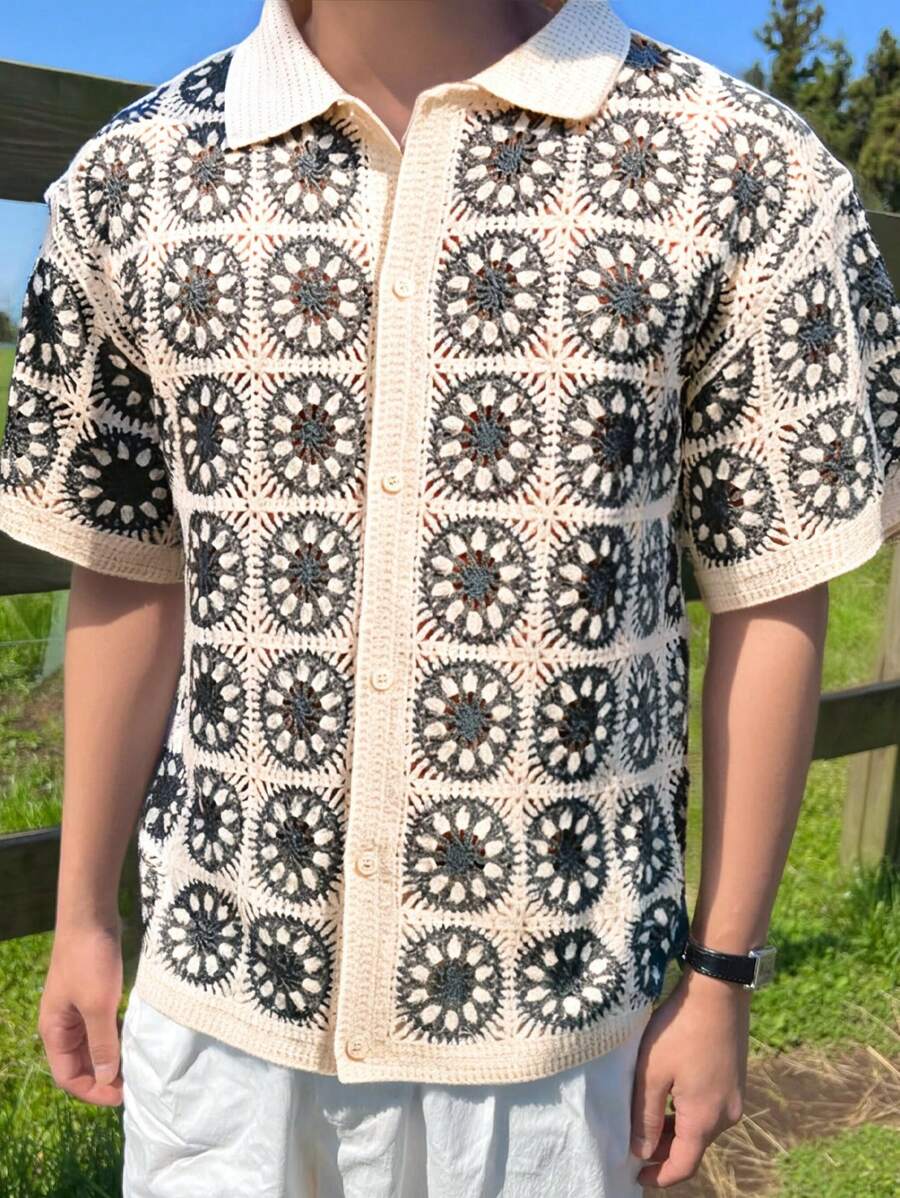 Manfinity CasualKnits 男士花卉图案单排扣休闲钩针镂空宽松针织上衣短袖男士夏季衣服男士衬衫套装 - 彩色 - 查看 1