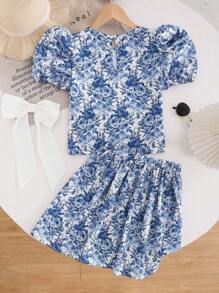SHEIN 2pcs/Set Tween Girls Woven Floral Print Crew Neck Puff Sleeve Top And Bow Decor A-Line Skirt, French Resort Style, Suitable For Spring Outing And Vacation