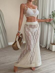 SHEIN Swim 2pcs/Set Women Summer Outfits, Crochet Hollow-Out Cropped Camisole Top And Long Maxi Skirt, Beachwear Bikini Coverup - White - View 3