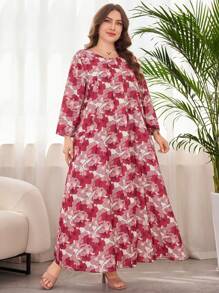Lacomfia Women Plus Size Casual Loose Round Neck Long Sleeve Pocket Linen-Like Printed Comfortable Dress - Multicolor - View 7