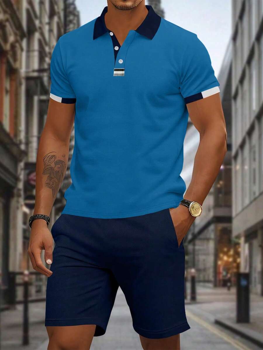 Manfinity Homme 男士撞色短袖休闲通勤 Polo 衫和短裤套装 - 彩色 - 查看 1