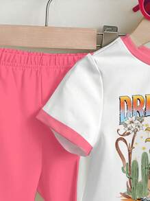 SHEIN Baby Girl Casual Dreamland Stay Wild Beach, Sun & Text Graphic Print Short Sleeve Tee & Pants Set, Suitable For Spring/Summer - Multicolor - View 5