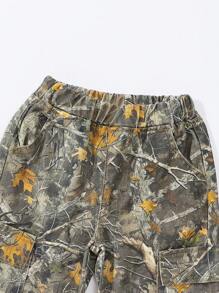 Boys' Casual Soft Washed Cotton Cargo Jeans With Camo Print, Elastic Waist, Ankle-Length, Spring/Summer 2025 Essential New Hot Item Suitable For Daily Outings & Leisure Activities - Multicolor - View 4