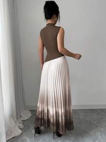 Elenzga Women's Elegant Party Cocktail Dress With Pleated Floral Print, Suitable For Carnival, Easter, Chinese New Year, Red, Pleated, Pink Color Block Asymmetrical Splice Design, Sleeveless Stand Collar Tie Dye Dress, Summer - Coffee Brown - View 3