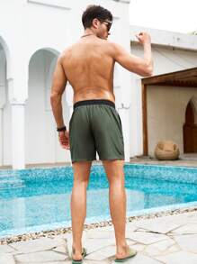 Surfspeed Men's Letter & Palm Tree Print Drawstring Waist Casual Beach Shorts - Army Green - View 2