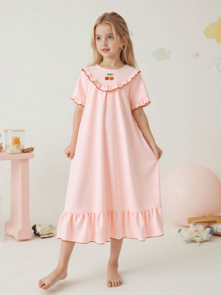 Girls' Loose-Fit Cherry Collar Ruffle Hem Sleeveless Long Nightdress, Simple & Fashionable, Light Pink,Summer Travel - Baby Pink - View 1