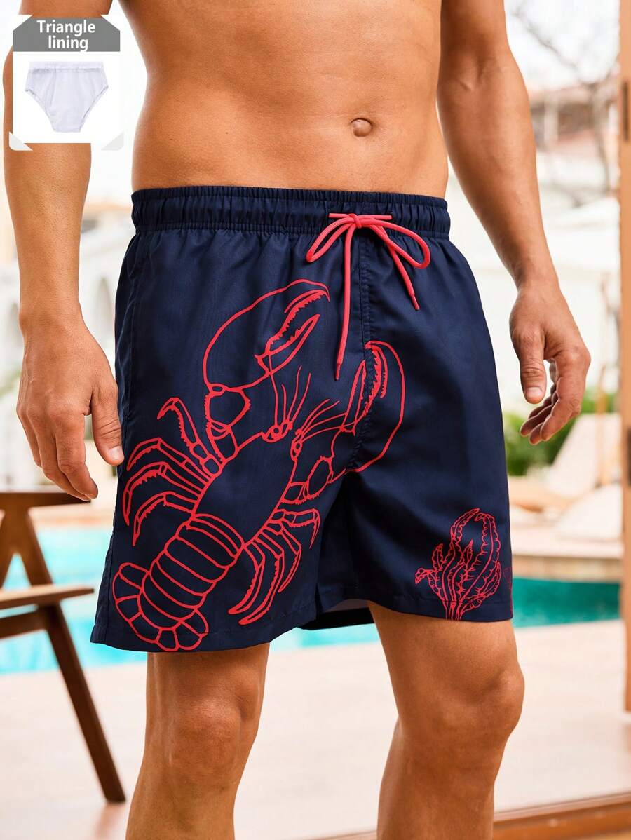 Surfspeed Men's Lobster Print Drawstring Waist Loose Beach Shorts - Blue - View 1