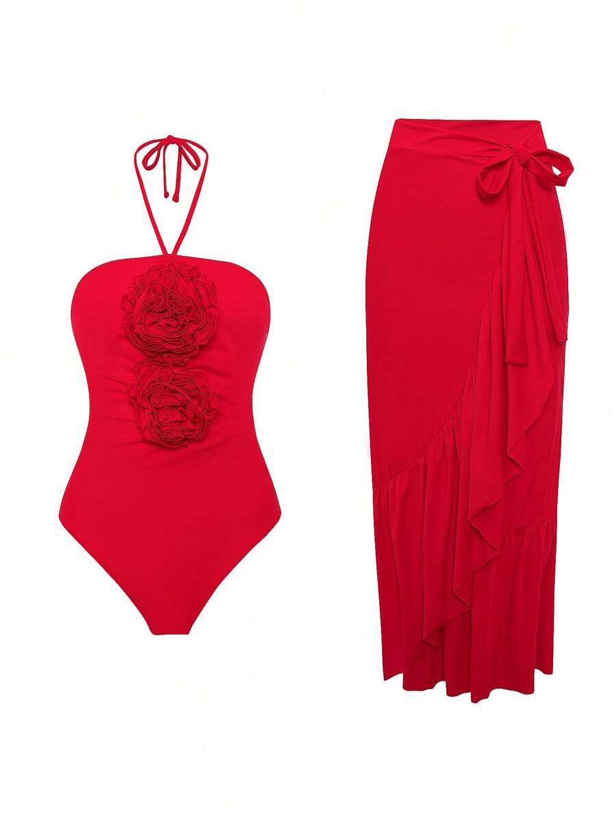 Swim Oasis 2pcs Spring Break Red Halter Floral One Piece Swimsuit & Red Ruched Skirt Set - Red - View 1