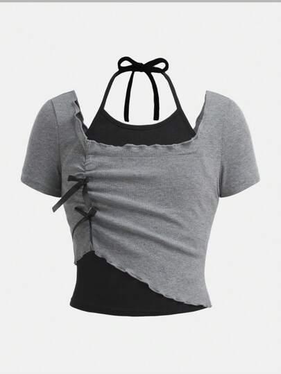 SHEIN Girlism HEIN Tween 女童拼色 2 合 1 露背短款 T 恤，适合日常休闲穿着和学校日常穿着、返校、街头风格