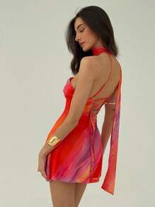 Aloruh 女士蜡染印花无袖迷你直筒连衣裙，时尚单肩带 - 橘色 - 查看 7