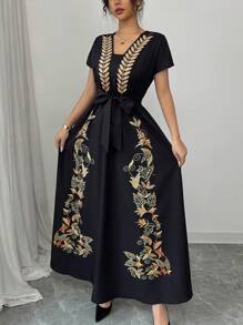 Rafferiza Elegant Shoulder-Tied Short Sleeve Fitted Waist Belt Woven Placement Print Black & Gold Dress For Women, Spring/Summer - Black and Gold - View 5
