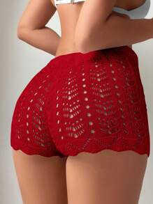 SHEIN Swim Quần short đi biển hở lưng màu trơn buộc dây phía trước cho nữ - Đỏ - Xem 2