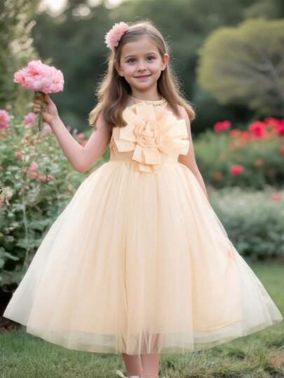 Emery Rose Kids Emery Rose Kids 年轻女孩无缝纯色网眼无袖凸起花朵修身喇叭裙派对装