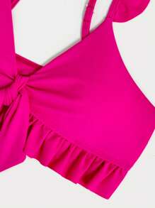 Swim Lushoire 3pcs/Set Women Summer Beach Floral Print Halter Bikini Set With Ruffled Edge + Cover Up + Mini Skirt, Random Print - Hot Pink - View 4