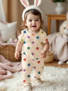 SHEIN Baby Girl Casual Minimalist Snug Fit Round Neck Short Sleeve & Long Pants Pajama Set, Suitable For Summer - White - View 2