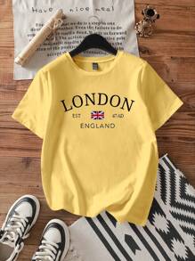 SHEIN EZwear 休闲宽松圆领伦敦英语图案短袖女式 T 恤，适合夏季 - 黃色 - 查看 4