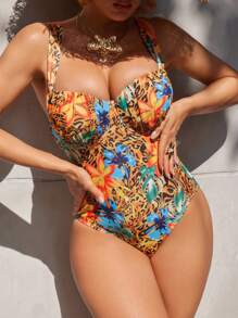 Swim DD+ DD+ 女士夏季海滩动物与花卉印花带衬垫露背肩带连体泳衣 - 彩色 - 查看 5