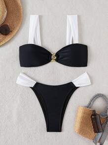 SHEIN Summer Beach Holiday Women 2pcs Set Metal Strap Crop Top & Wide Leg Pants Bikini Set