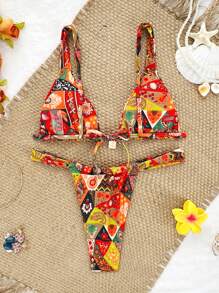 SHEIN Swim Conjunto de bikini sexy con estampado floral y geométrico, con colgante metálico con flecos para vacaciones en la playa de mujer