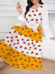 Al Najma Women's Colorblock Round Neck Puff Sleeve Dress With Belt, Elegant Comfortable Arabic Floral Print Polyester Dress, Suitable For Ramadan, Home, Outing, Party, Ramadan Traditional Clothing