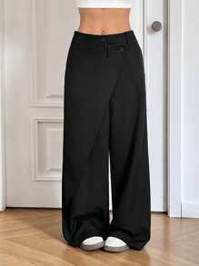 SHEIN EZwear 女士梭织宽腿宽松长裤 - 黑色 - 查看 1
