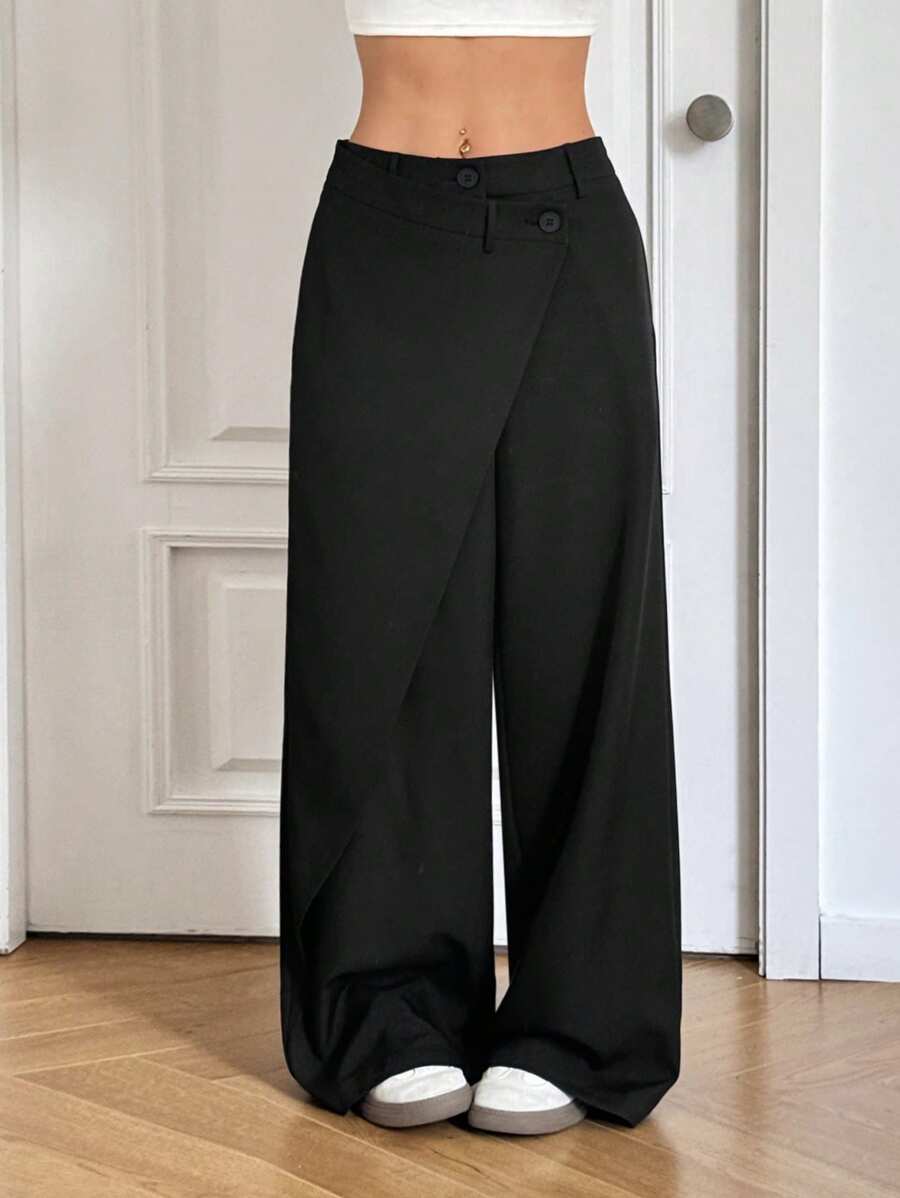 SHEIN EZwear 女士梭织宽腿宽松长裤 - 黑色 - 查看 1