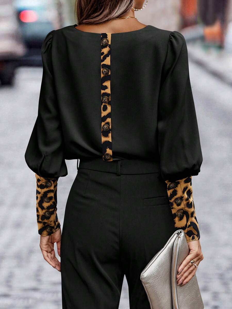 EMERY ROSE 女士休闲豹纹拼布纽扣装饰衬衫，适合秋季 - 黑色 - 查看 1