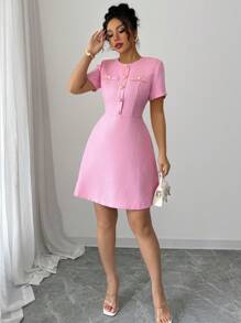 Elenzga Women Elegant Faux Placket Waist Cinched Short Sleeve Mini Dress - Pink - View 5
