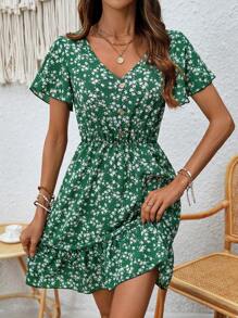 Breezaya Ditsy Floral Print V-Neck Ruffle Hem Dress Vacation Beach Outfits Women - Green - View 6