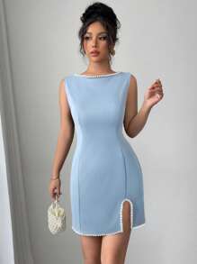 Elenzga 女士春季休闲、约会、晚餐、派对、情人节优雅浪漫针织黑白领无袖仿珍珠装饰紧身开衩迷你连衣裙 - 藍色 - 查看 4