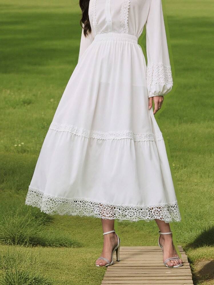 Modelyn 女士纯色镂空蕾丝喇叭裙 - 白色 - 查看 6